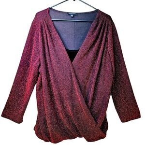 NOTATIONS Women's Sparkle Knit Faux Wrap Top Red Metallic Holiday New Year's Eve